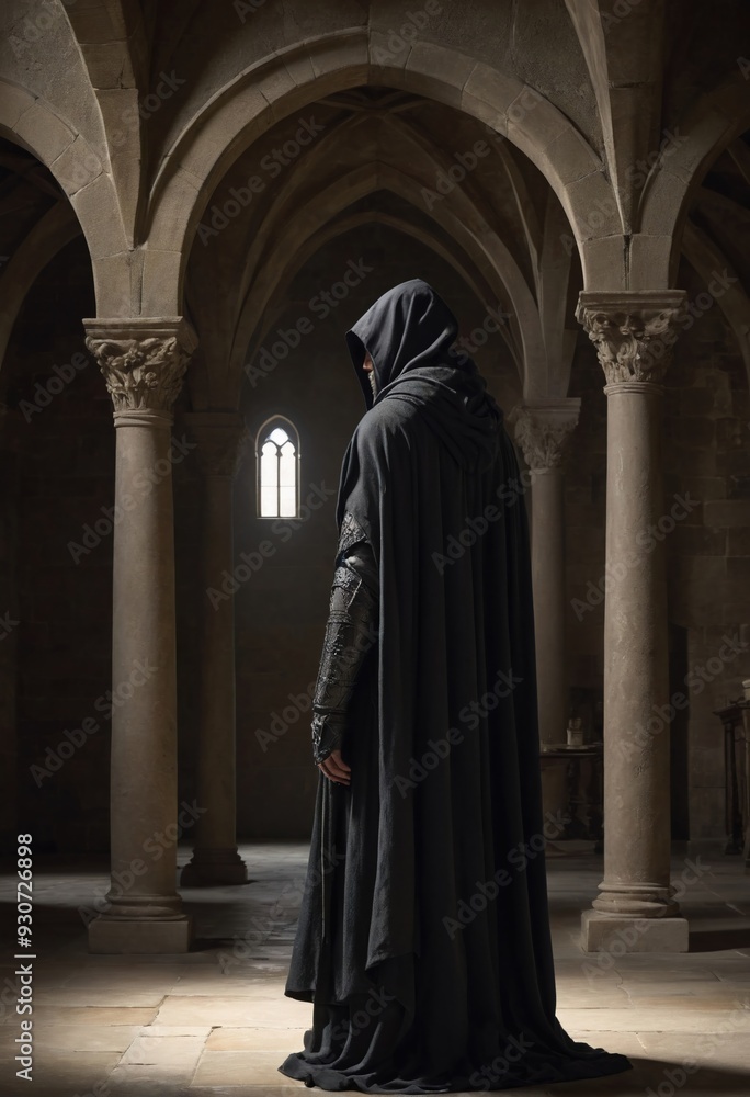 Naklejka premium A mysterious figure in a dark cloak stands in a medieval setting, shrouded in shadows, evoking themes of fantasy, intrigue, and the unknown.