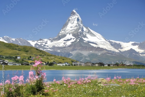 A Photography of Pristine Alpine Lake: A serene alpine lake nestled amidst towering peaks, its crystal-clear waters reflecting the exuberant beauty of snow-capped mountai