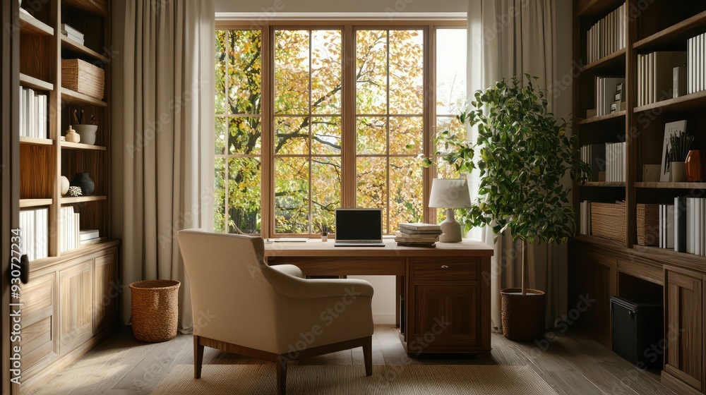 Fototapeta premium A home office with a desk, chair, and potted plant. The room is filled with bookshelves and a window with a view of trees. The atmosphere is cozy and inviting, perfect for working or relaxing