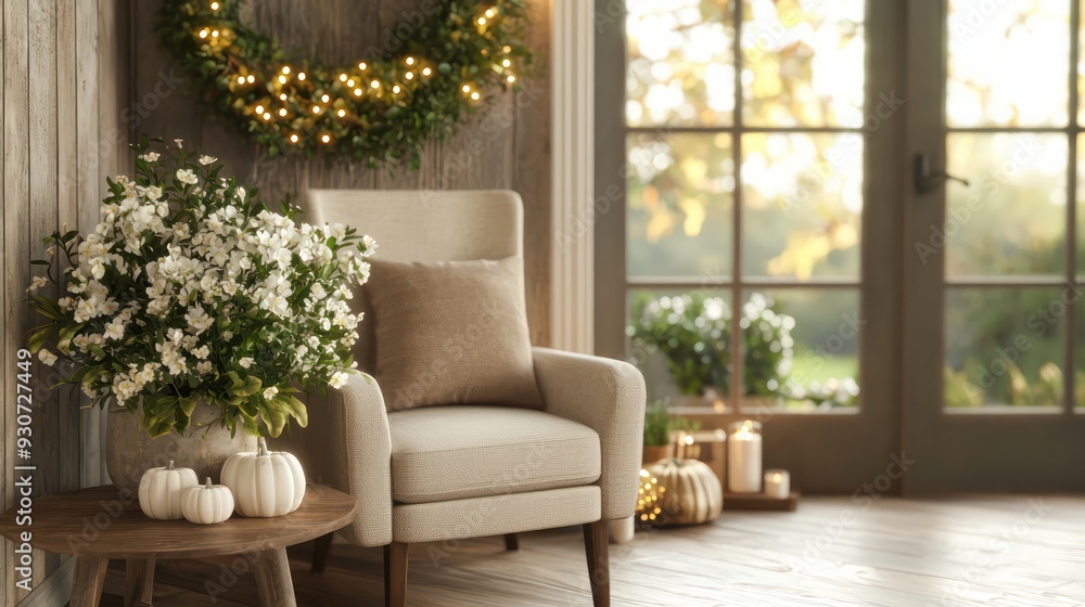 A chair is in front of a window with a wreath on the wall. The chair is white and has a pillow on it. There are also some pumpkins on a table. The room has a cozy and welcoming atmosphere A chair is in front of a window with a wreath on the wall. The chair is white and has a pillow on it. There are also some pumpkins on a table. The room has a cozy and welcoming atmosphere