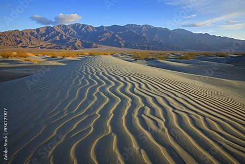 An image of dynamic desert dunes shaped by the wind, their shifting sands and undulating patterns creating an ever-changing landscap photo