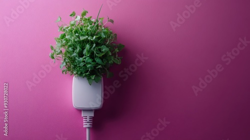 A power adapter with a plant growing out of it, symbolizing the combination of technology and nature, set against a pastel pink background, highlighting contrasts. photo