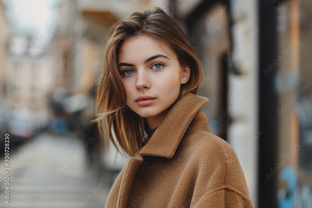 A woman wearing a brown coat stands on a sidewalk, possibly waiting or observing something A woman wearing a brown coat stands on a sidewalk, possibly waiting or observing something