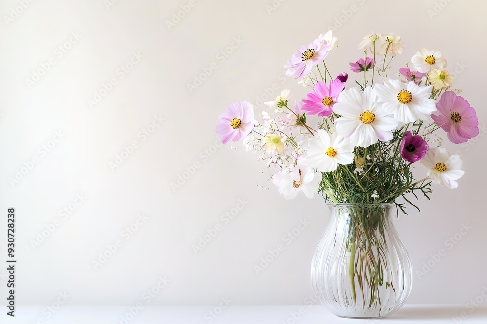Fresh daisy flowers in transparent vase on light backdrop Fresh daisy flowers in transparent vase on light backdrop