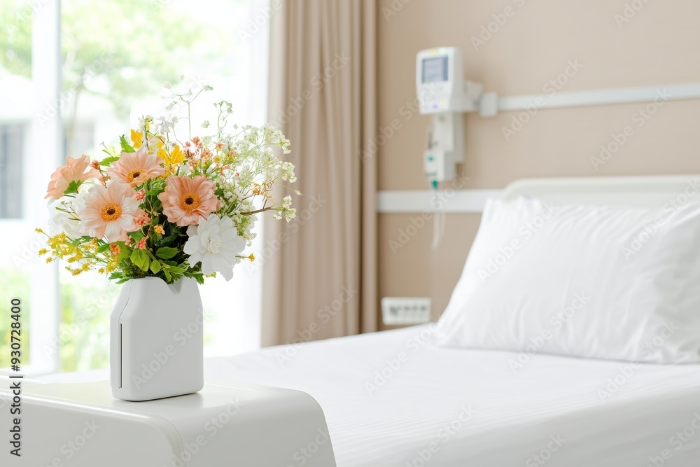 Bright Hospital Room with Fresh Flower Bouquet on Bedside Table and Medical Equipment in Background Bright Hospital Room with Fresh Flower Bouquet on Bedside Table and Medical Equipment in Background