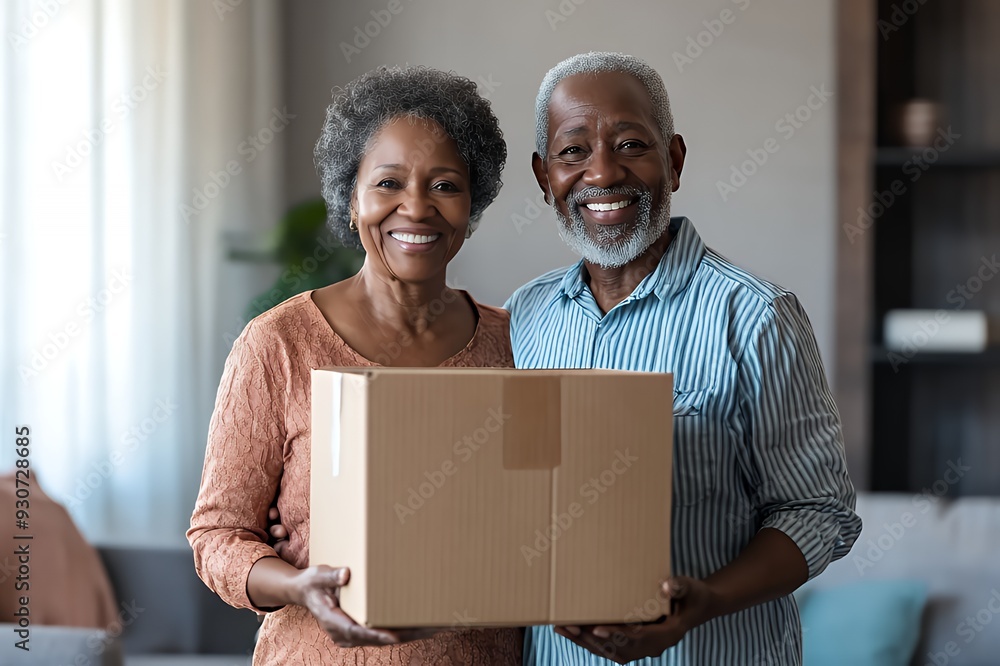 A happy elderly couple holding a cardboard box in a cozy living room. A happy elderly couple holding a cardboard box in a cozy living room.