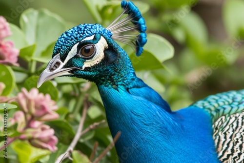 An image showcasing a peacock displaying its striking tail feathers in a fan-like pattern, symbolizing its beauty and pride in its ornate appearanc photo