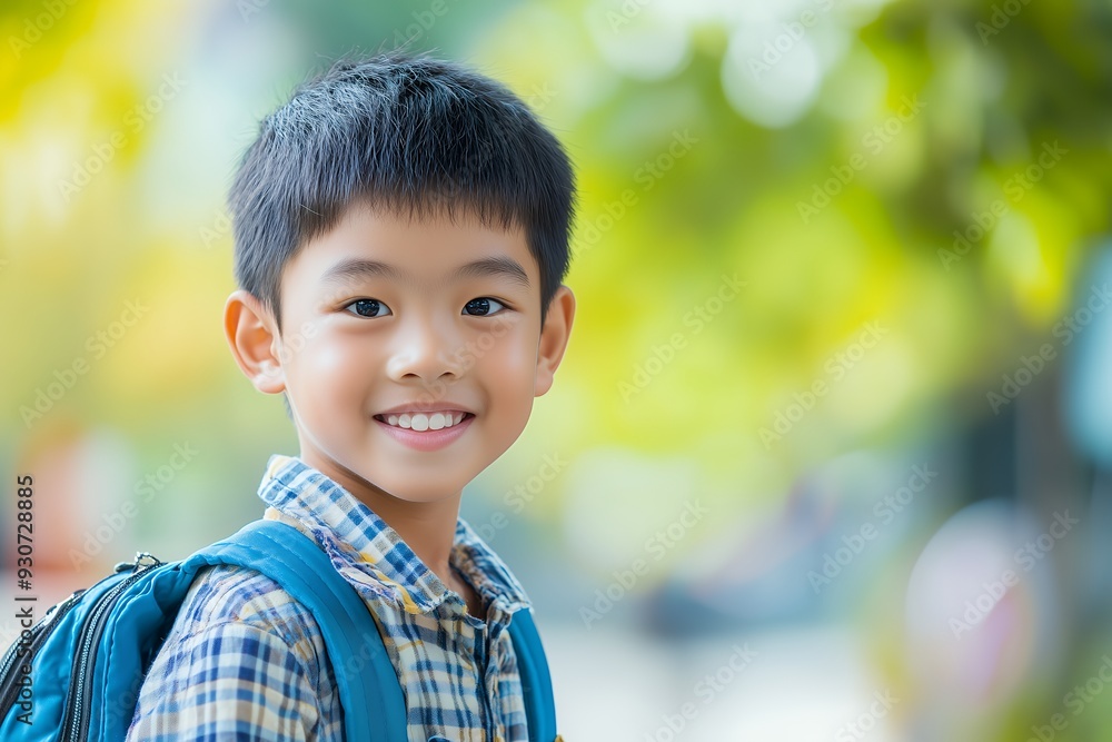 A cheerful young boy with a backpack smiling outdoors, surrounded by greenery. A cheerful young boy with a backpack smiling outdoors, surrounded by greenery.