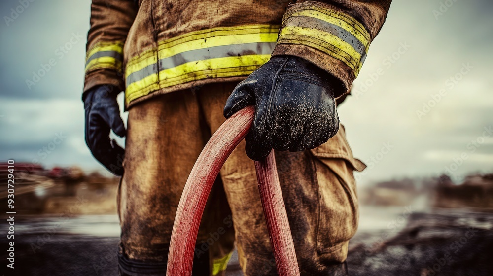 Obraz premium Intense Close-Up: Firefighter's Hands Holding Equipment During Rescue Mission