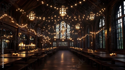 A large room with a lot of lights and candles. The mood of the room is warm and inviting