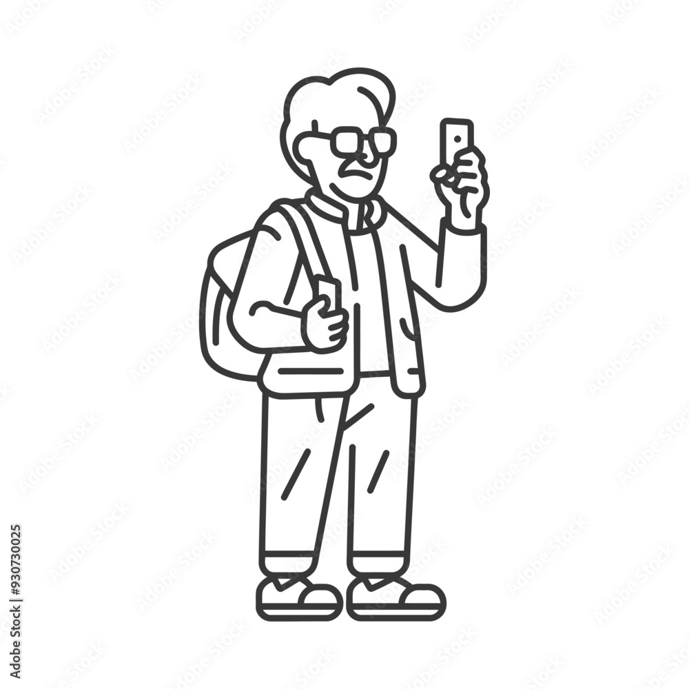 Elderly Man with Glasses Using a Smartphone While Wearing a Backpack Elderly Man with Glasses Using a Smartphone While Wearing a Backpack