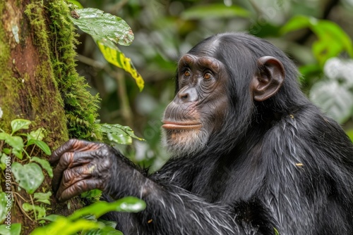 An image depicting a chimpanzee swinging through trees and interacting with its companions, displaying its playful and social behavio photo