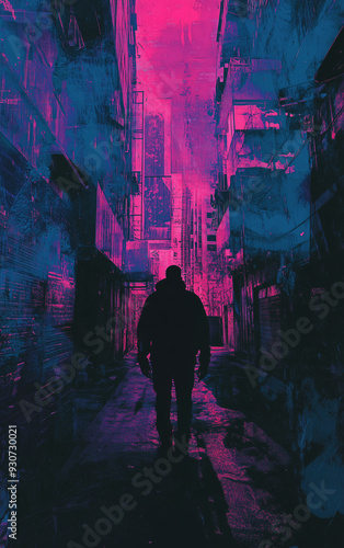 A man is walking down a dark alleyway with neon lights and graffiti on the walls