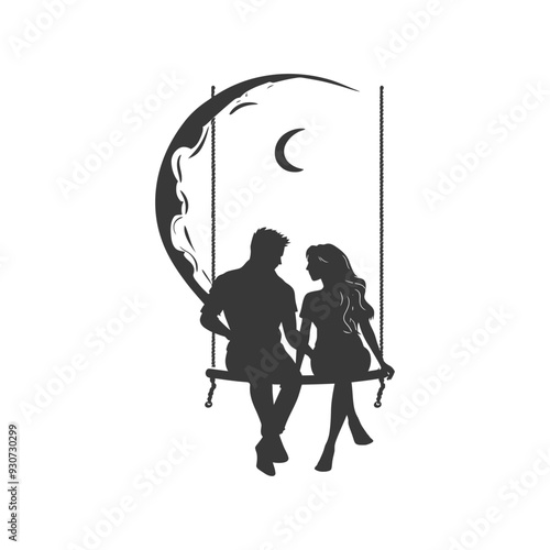 Couple Silhouetted on a Crescent Moon Swing