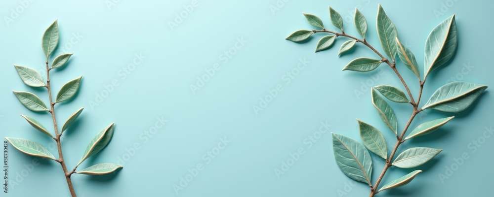 Elegant green leaves arranged on a soft teal background, perfect for wellness, nature-themed designs, or eco-friendly branding. Elegant green leaves arranged on a soft teal background, perfect for wellness, nature-themed designs, or eco-friendly branding.