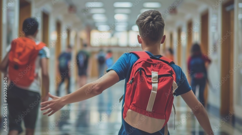 Students with backpacks walk down a brightly lit school hallway, capturing a typical day in the life of young learners. Back view. Students with backpacks walk down a brightly lit school hallway, capturing a typical day in the life of young learners. Back view.