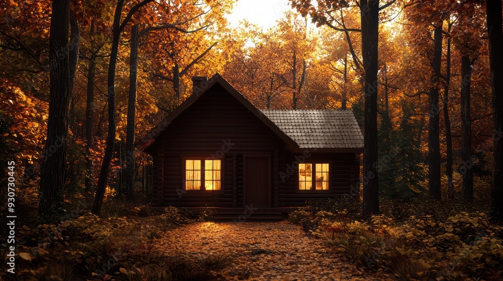 A small log cabin in the woods with a warm glow from the sun. The cabin is surrounded by trees and the leaves are changing colors A small log cabin in the woods with a warm glow from the sun. The cabin is surrounded by trees and the leaves are changing colors