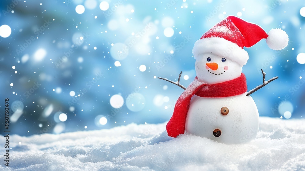 Fototapeta premium A cheerful snowman wearing a red hat and scarf, surrounded by a snowy winter landscape.