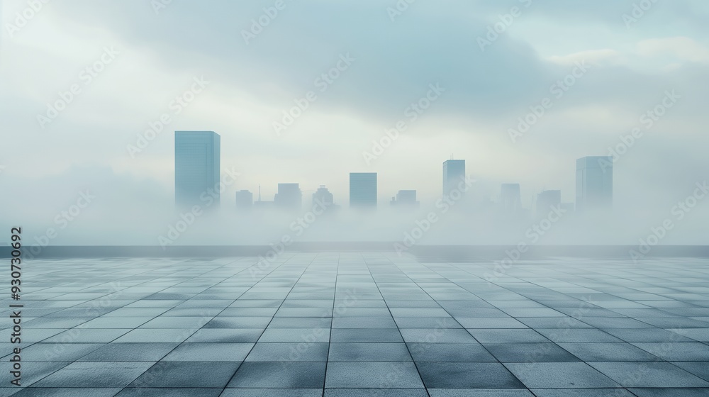 A foggy city skyline with a reflective surface in the foreground. A foggy city skyline with a reflective surface in the foreground.