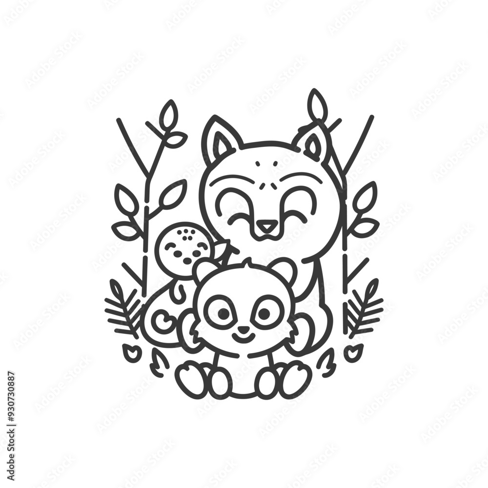 Cute Cartoon Fox and Raccoon Embrace with Floral Surroundings Cute Cartoon Fox and Raccoon Embrace with Floral Surroundings