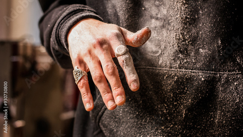 Dusty fingers of a woodworker, embellished with ornate rings, demonstrate the blend of artistry and labor in woodworking.