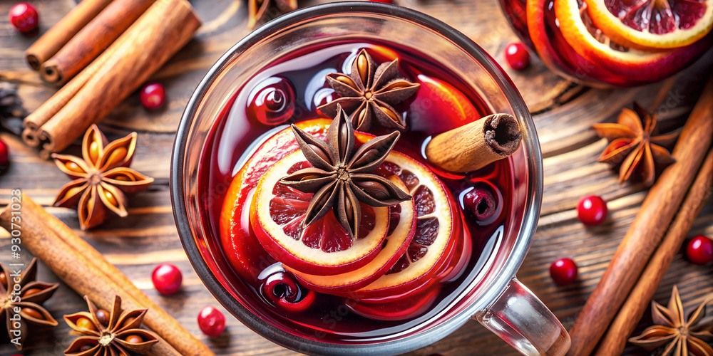 Overhead view of mulled wine with spices and citrus slices on a festive table Overhead view of mulled wine with spices and citrus slices on a festive table