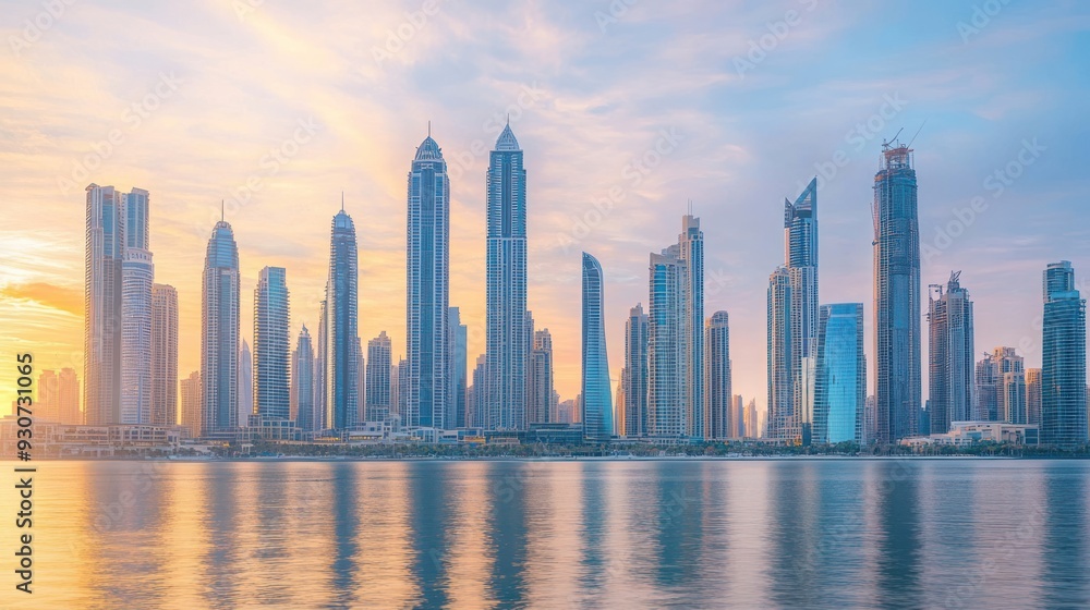 Fototapeta premium Cityscape with towering buildings at sunset