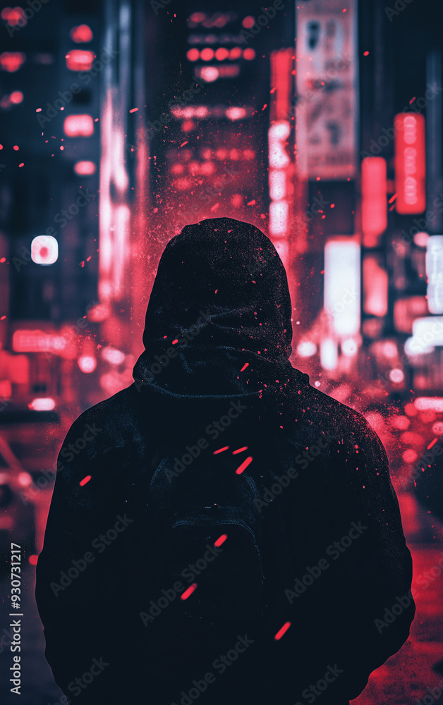 A lone figure shrouded in mystery walks through vibrant city streets illuminated by red neon lights at night A lone figure shrouded in mystery walks through vibrant city streets illuminated by red neon lights at night