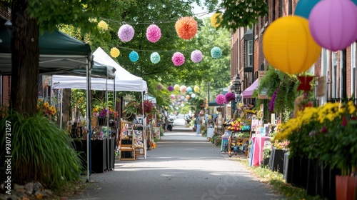 A street with a lot of colorful balloons and awnings. The street is lined with shops and people are walking around