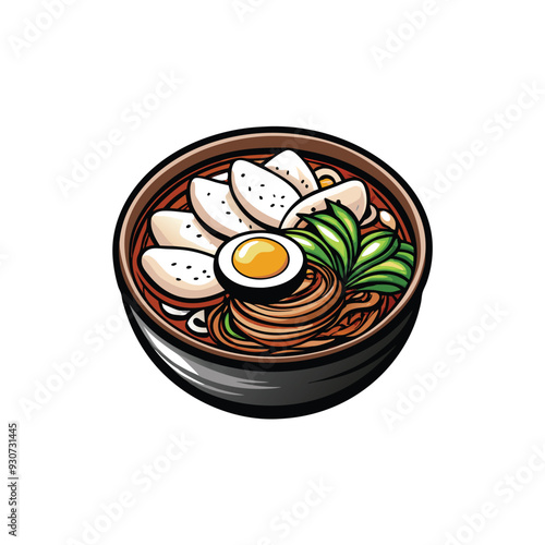 A vibrant illustration of a bowl of naengmyeon, a traditional Korean cold buckwheat noodle dish.