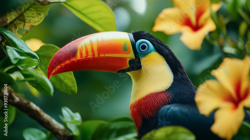 Close-up image of a toucan bird on a tropical tree branch with yellow hyacinth flowers in the rainforest photo