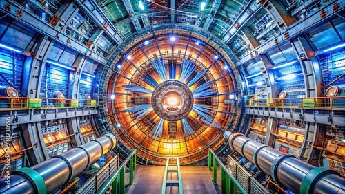 Magnificent view of a massive circular particle accelerator, with complex machinery and wires, generating intense beams of energy in a futuristic scientific experiment. photo