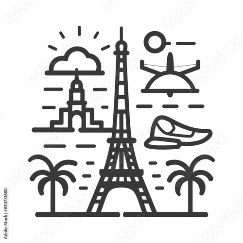 Eiffel Tower with Symbolic Parisian Elements