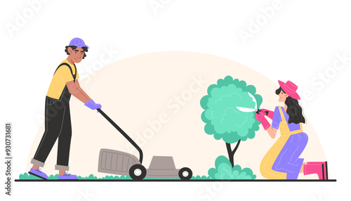People take care of the garden, man mows the lawn with a lawnmower and woman trims bushes in the garden with garden shears