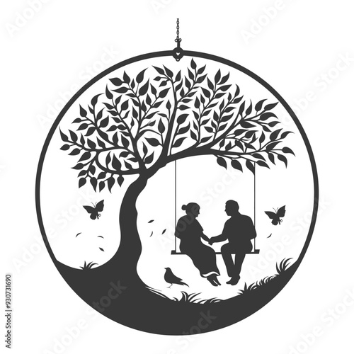 Elderly Couple Holding Hands on a Swing Under a Tree