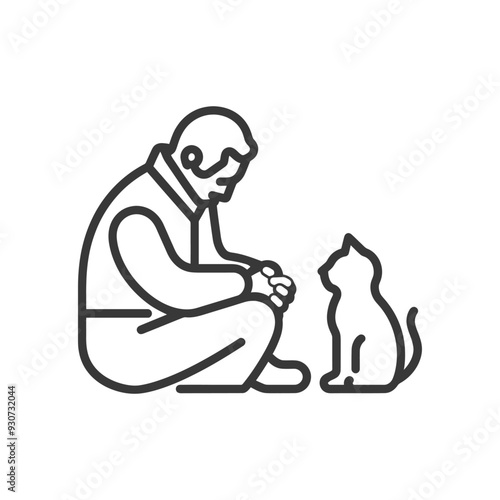 Elderly Man Kneeling and Looking at a Cat