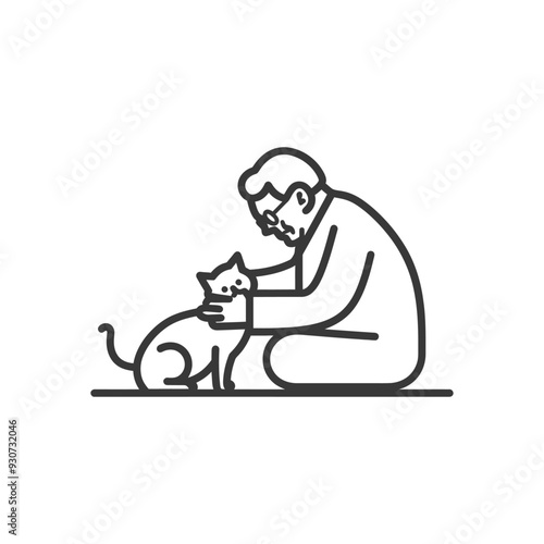 Elderly Man Kneeling and Petting a Cat