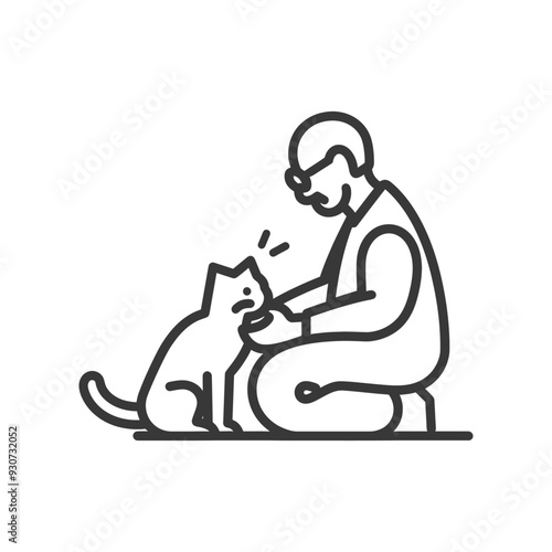 Elderly Man Kneeling and Petting a Cat