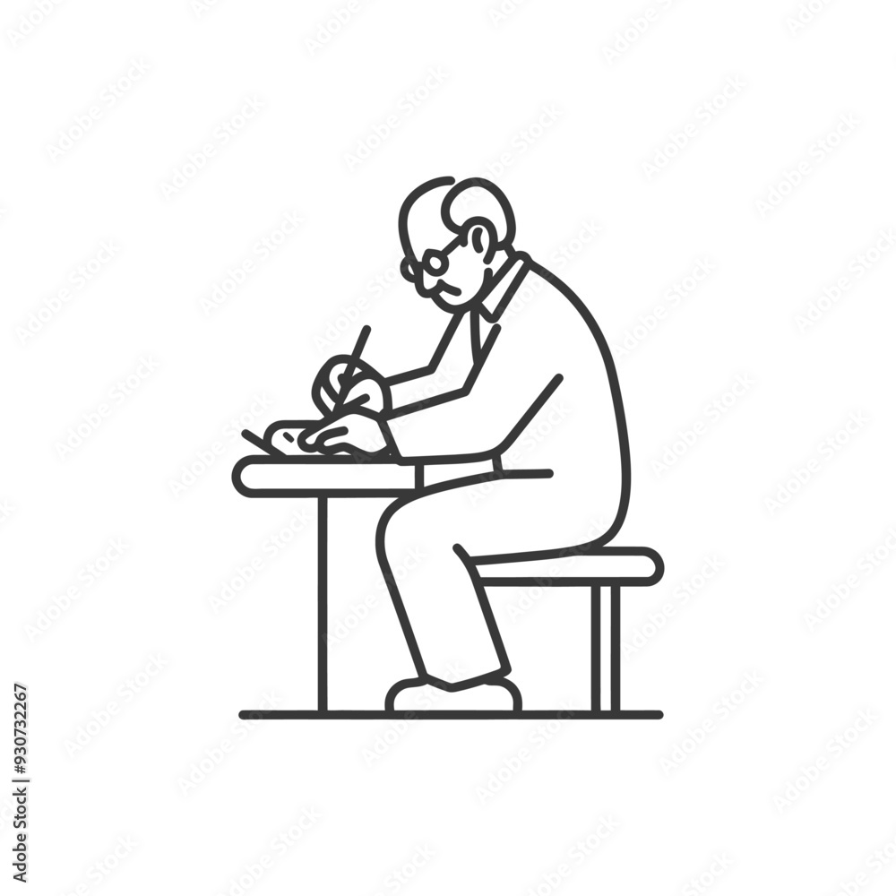 Elderly Man Sitting at a Table with a Pen in Hand Elderly Man Sitting at a Table with a Pen in Hand