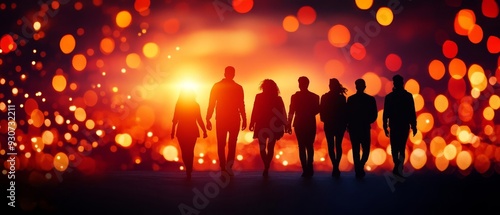 A diverse group of people walking forward together on a path lined with bright lights, symbolizing societal progress and unity, societal progress, unity, diversity, advancement