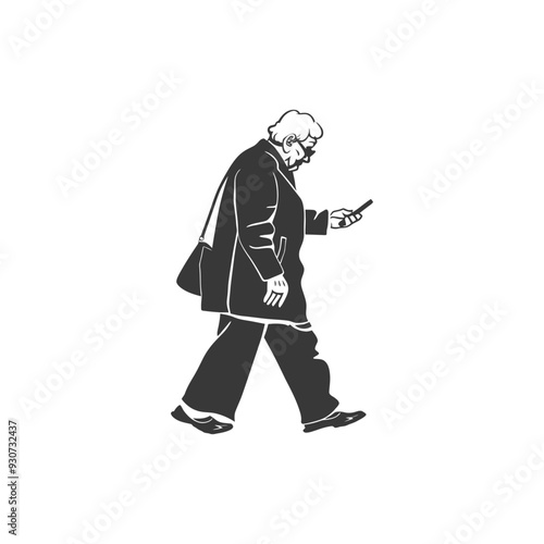 Elderly Man Walking and Using a Smartphone