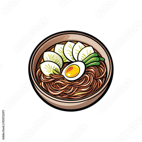 Illustration of a bowl of naengmyeon, a Korean cold buckwheat noodle dish, with cucumber, egg, and green onions.