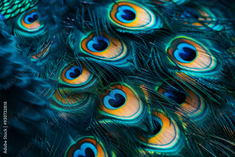 Obraz premium Close up of peacock feathers showing iridescent blue and green colors