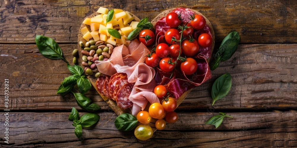 Fototapeta premium A heart-shaped plate of food on a wooden table, perfect for romantic dinner or special occasion