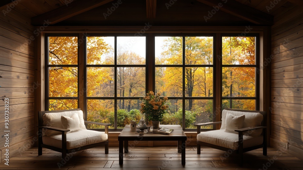 Fototapeta premium A cozy living room with two white chairs and a wooden table. The room has a warm and inviting atmosphere, with a view of trees in the background