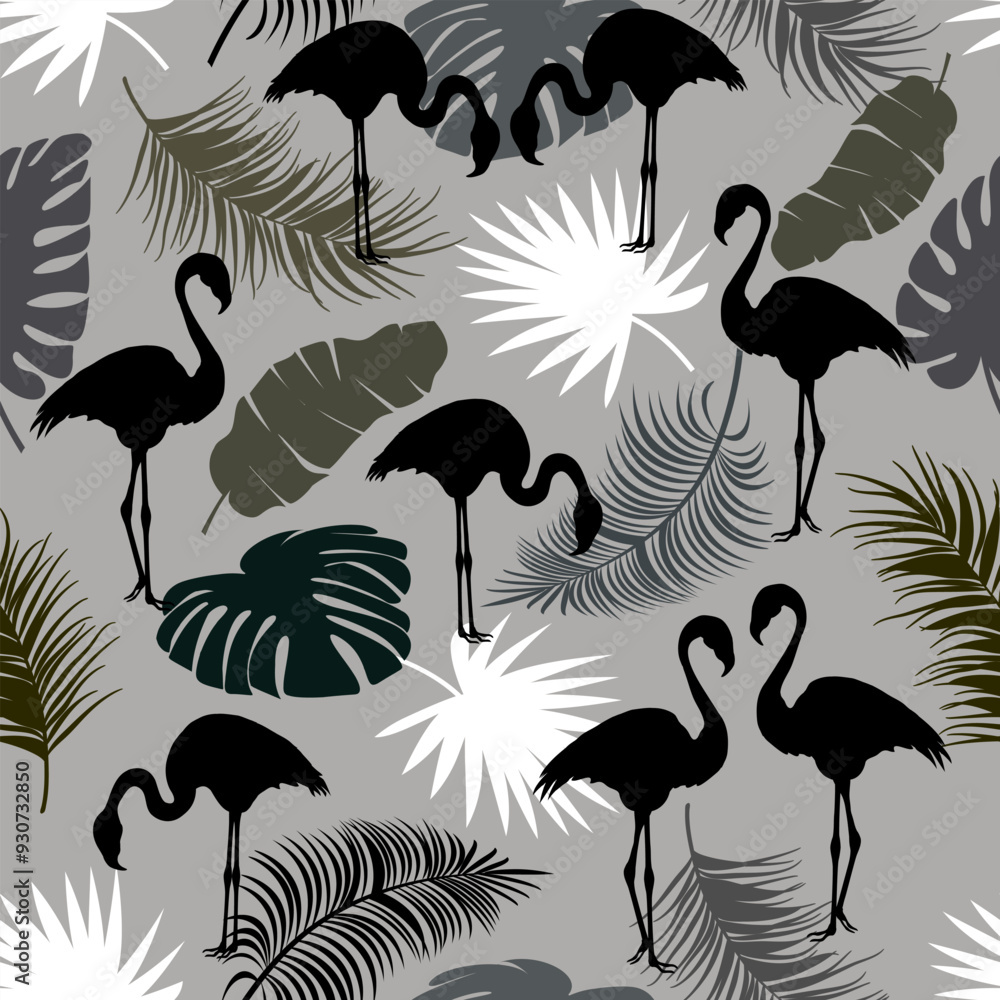 Obraz premium Contour illustration with flamingos.Black flamingos and palm leaves in a seamless pattern.