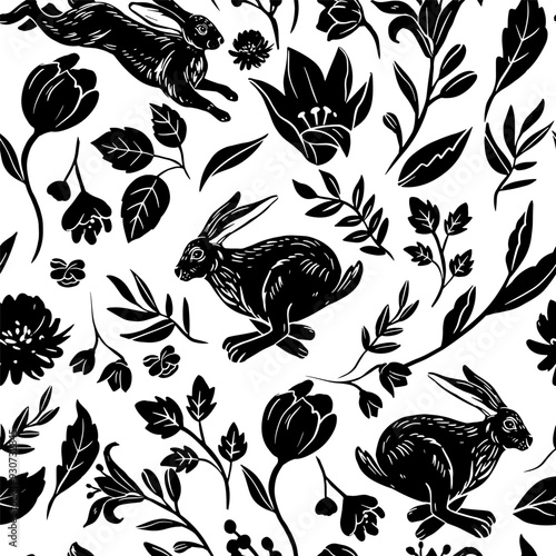 Hare and flowers, vintage monochrome vector drawing, engraving style,