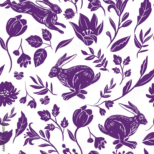 Hare and flowers, vintage monochrome vector drawing, engraving style,