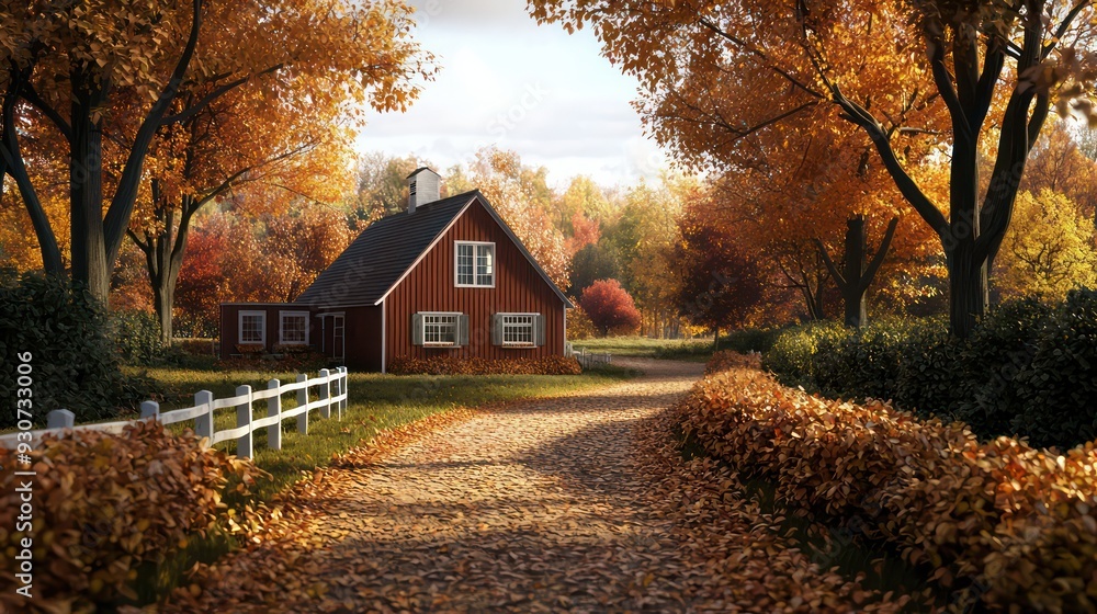 Fototapeta premium A red house with a white fence sits in front of a road lined with trees. The leaves are changing colors, creating a warm and inviting atmosphere