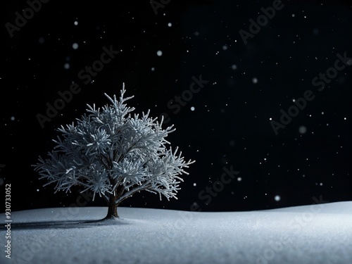 Snow-Covered Tree at Night with Falling Snowflakes